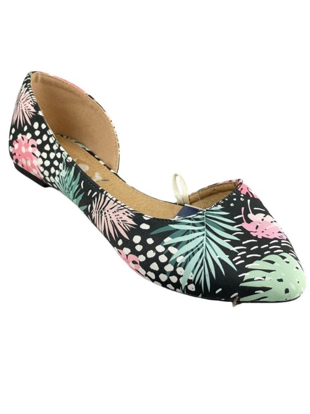 Tropical Print Womens Pointed-Toe Ballet Flats Size 7 Jynx Black With Pink & Gre